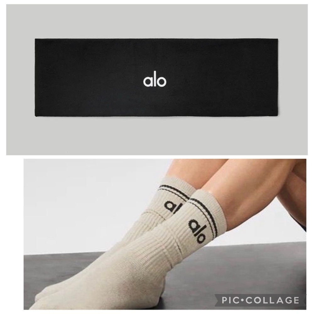 Bundle. Alo Black headband and oatmeal Heather charcoal green throwback socks.